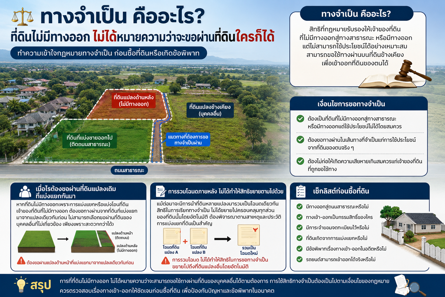 ทางจำเป็น, ที่ดินไม่มีทางออก, ที่ดินตาบอด, กฎหมายทางจำเป็น, ขอทางจำเป็น, สิทธิทางจำเป็น, ทางเข้าออกที่ดิน, ซื้อที่ดินต้องดูอะไร, ภาระจำยอม, กฎหมายที่ดิน